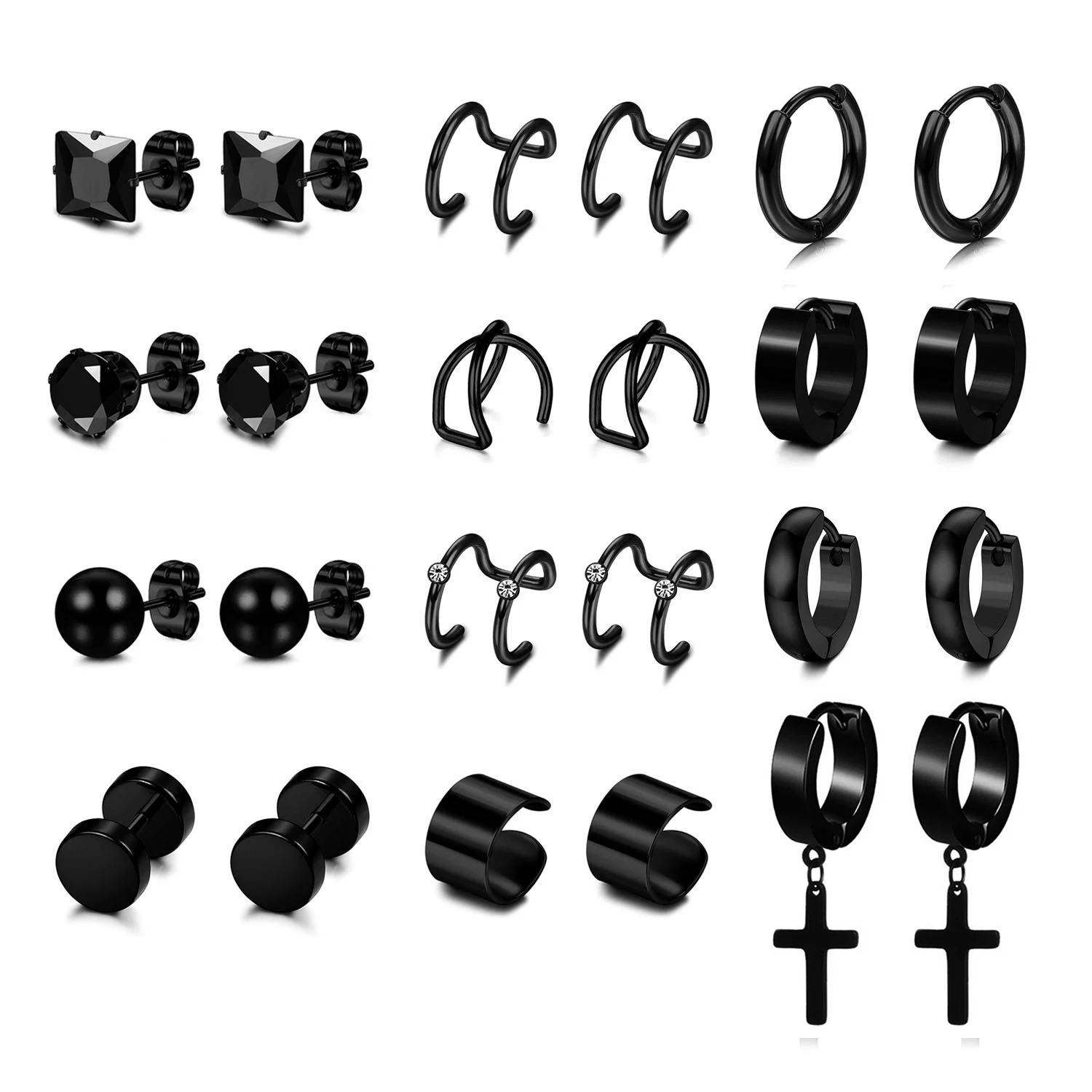 

1-12 Pairs Stainless Steel Stud Earrings Huggie Dangle Earring Ear Cuff Cross Hoop Earrings Set for Women Men Black Color