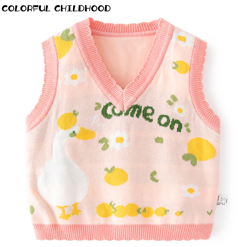 

Colorful Childhood Spring Girls V-Neck Vest Girls Flower Vest 1-8 Years Old Children's Warm Double Layer Sweater PB588