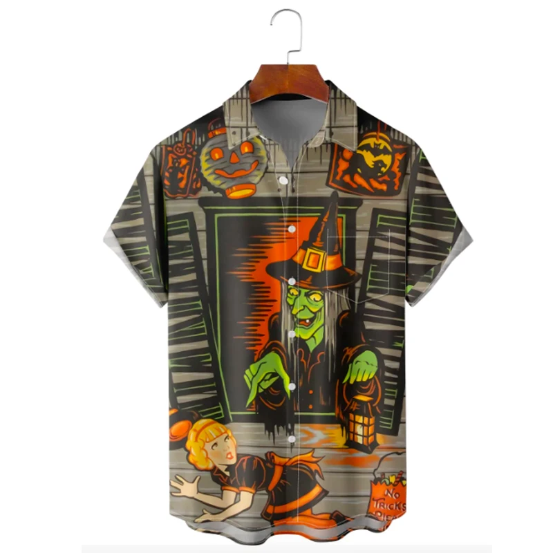 Molilulu  Men's Halloween Retro Witch Comic  Short Sleeve Breathable Loose Printing Hawaiian Shirts