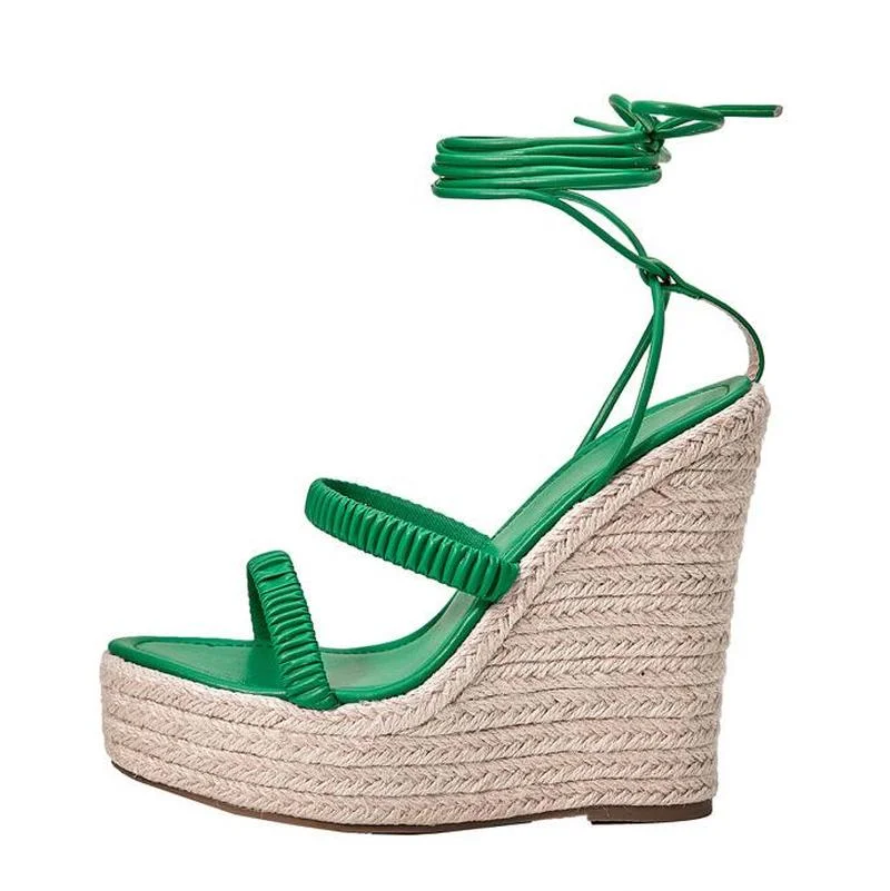 Женские босоножки на танкетке 14 см зеленые туфли-гладиаторы платформе 4 обувь в