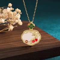 china style jewelry enamel drop glaze hetian jade gold peace lock necklace female vintage branches necklaces for women gift 24mm