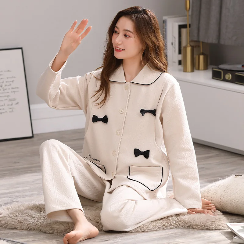 

2022 Autumn Winter Solid Color Air Cotton Maternity Clothes Confinement Postpartum Pajamas Nursing Homewear Suit Women Nightwear