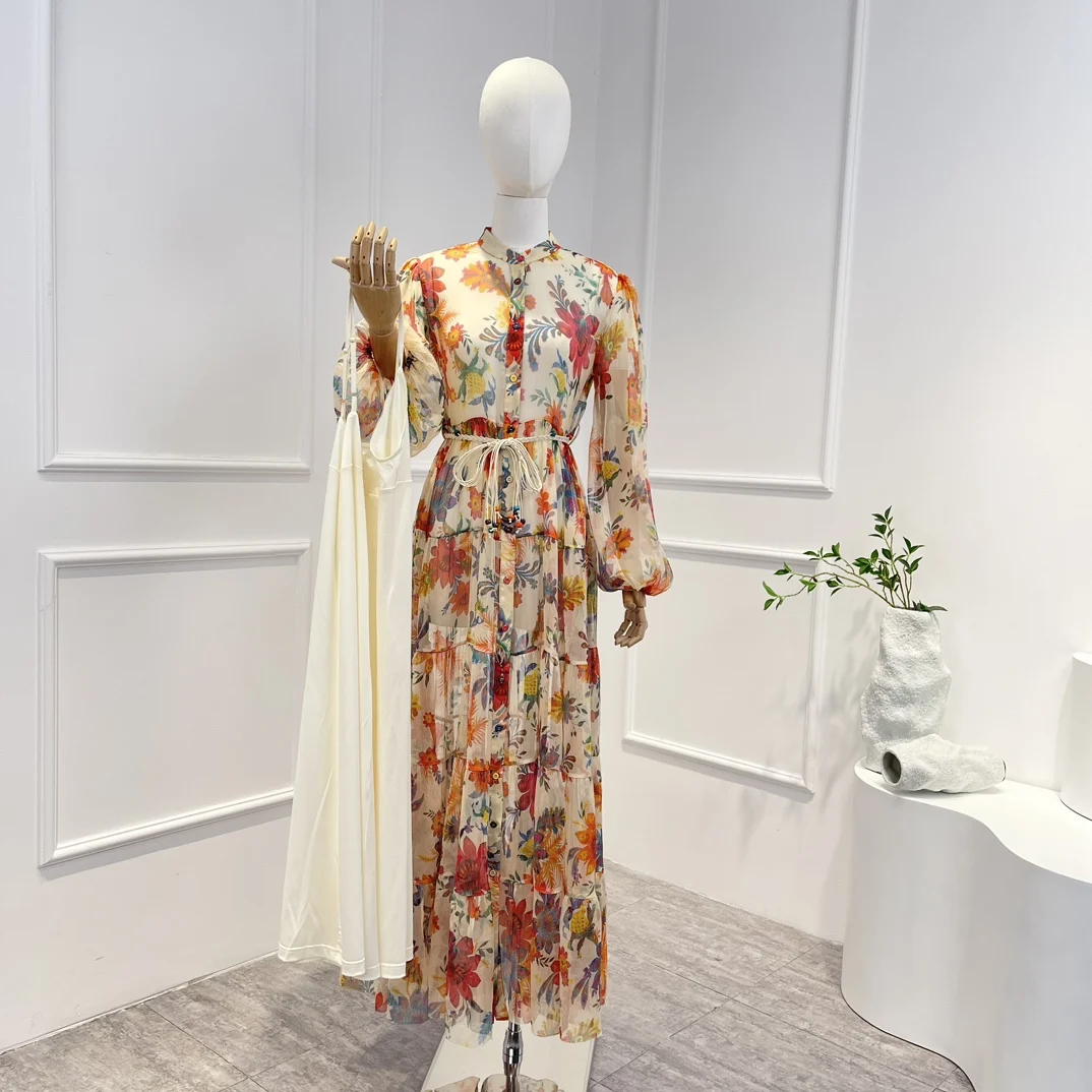 

Silk Natural Fabric 2023 New Vintage Spring Summer Floral Printing Belt Long Lantern Sleeve Buttons Woman Midi Dress