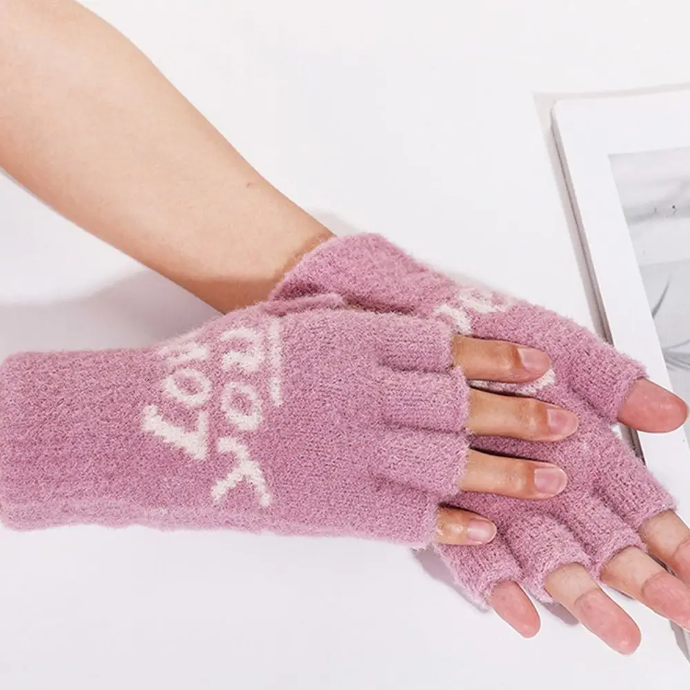 

Winter Women Letter Fingerless Gloves Half Finger Knitted Wool Warm Mittens Thick Elastic Girls Outdoor Driving Gloves 2023