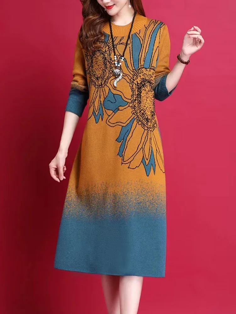 

Новое вязаное шерстяное платье-свитер с цветочным принтом, женские корейские элегантные облегающие повседневные пуловеры, осенне-зимние толстые теплые свитера, J196