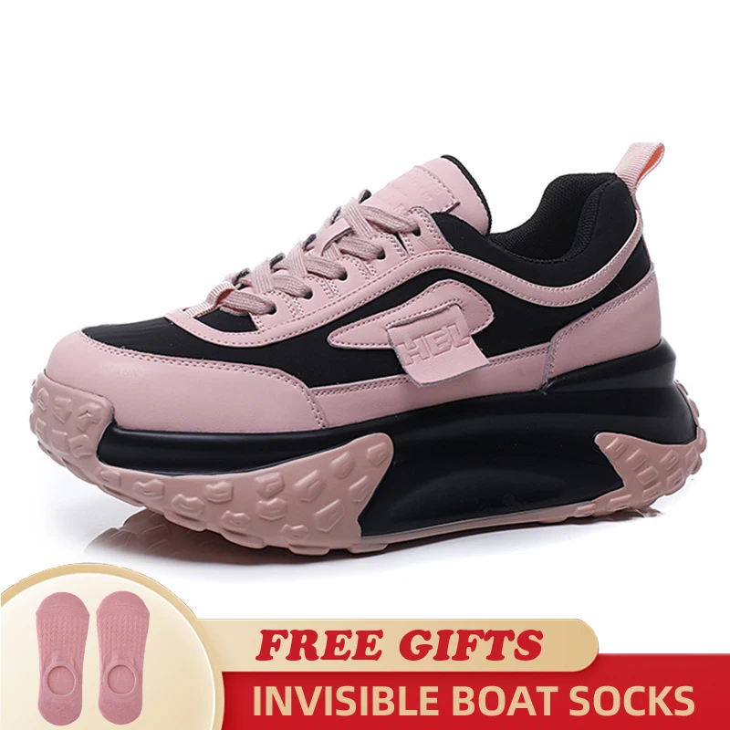 5.5CM Genuine Leather Comfy Contrast Female Sneaker Breathable Pink Green Shoe Chunky Sneakers Spring Platform Wedge Women Shoes