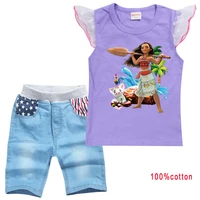 moana vaiana clothes kids summer clothing baby girls lace flying sleeve cotton tshirtshort jeans 2pcs sets teens boys outfits