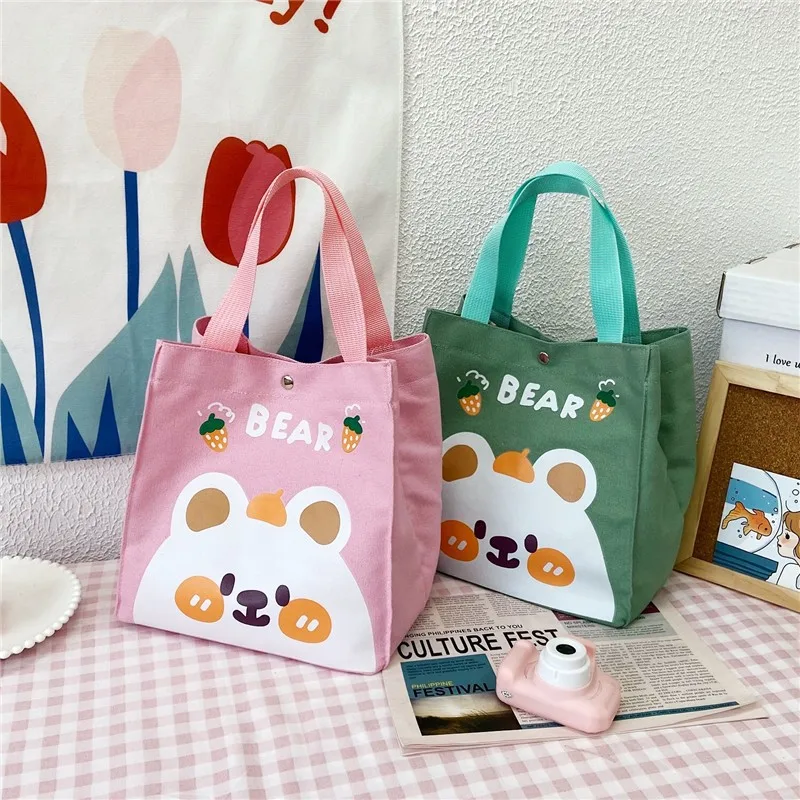 

Mommy Bag Canvas Hand-held Student Lunch Box Bento Storage To Work Bear Cartoon Print Buckle Large Capacity Carrying Bag Ins