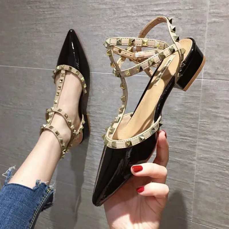 

Baotou-Buckle Chunky Heel Sandals Women Pointed Rivet High Heels Fashion Orange 2021 All-match High-heeled Women's