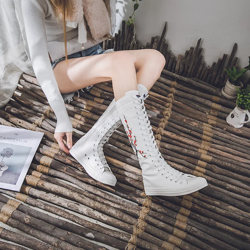 

Handmade Custom Embroidered Flowers High Top Comfortable Casual Shoes Canvas Shoes Women's Shoes 35-43