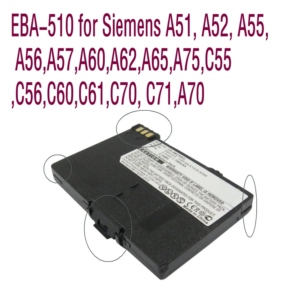 

New EBA-510 for Siemens A51, A52, A55, A56,A57,A60,A62,A65,A75,C55,C56,C60,C61,C70, C71,A70 High quality External Li-ion battery