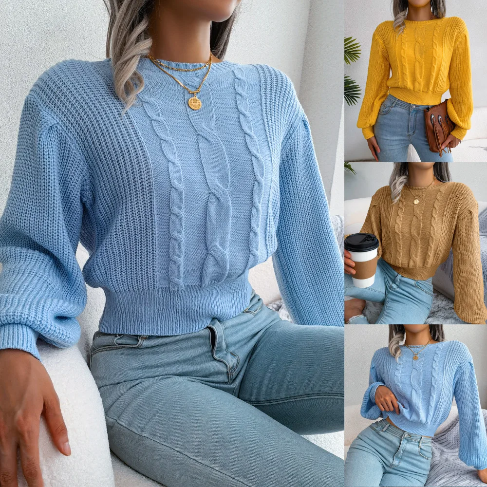 

2023 Autumn Women's Casual Twist Lantern Sleeve Waist Knitted Sweater