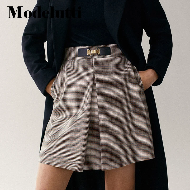 

Modelutti 2022 New Spring Summer Fashion Houndstooth Short Skirt High Waist Slim Women Simple A-line Skirt Casual Bottoms Female