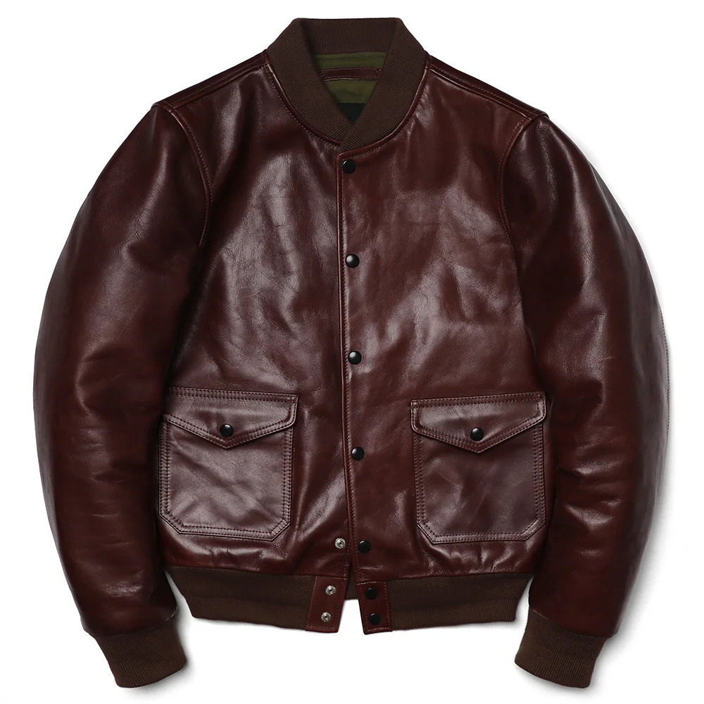 

Wine Red Classic A1 Flight Man Genuine Leather Jacket Men's Oil Wax Natural Cowhide Amekaki Retro Clothes