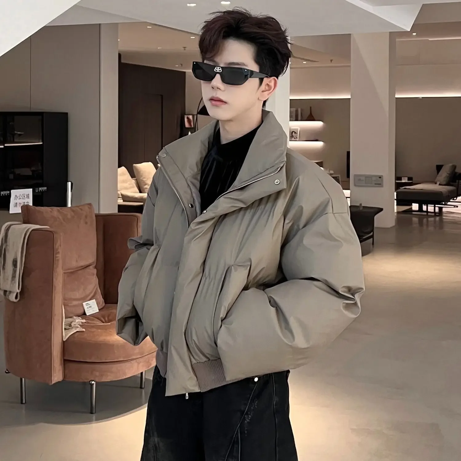 Теплое зимнее пальто для мужчин с воротником-стойкой толстая однотонная куртка