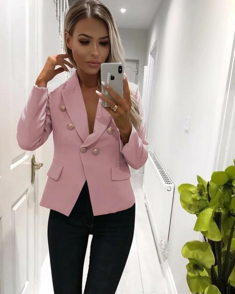 Women Solid Colors Slim Blazer Double Breasted Casual Office Blazer With Fake Pocket 2021 Oversize Work Wear Formal Clothing