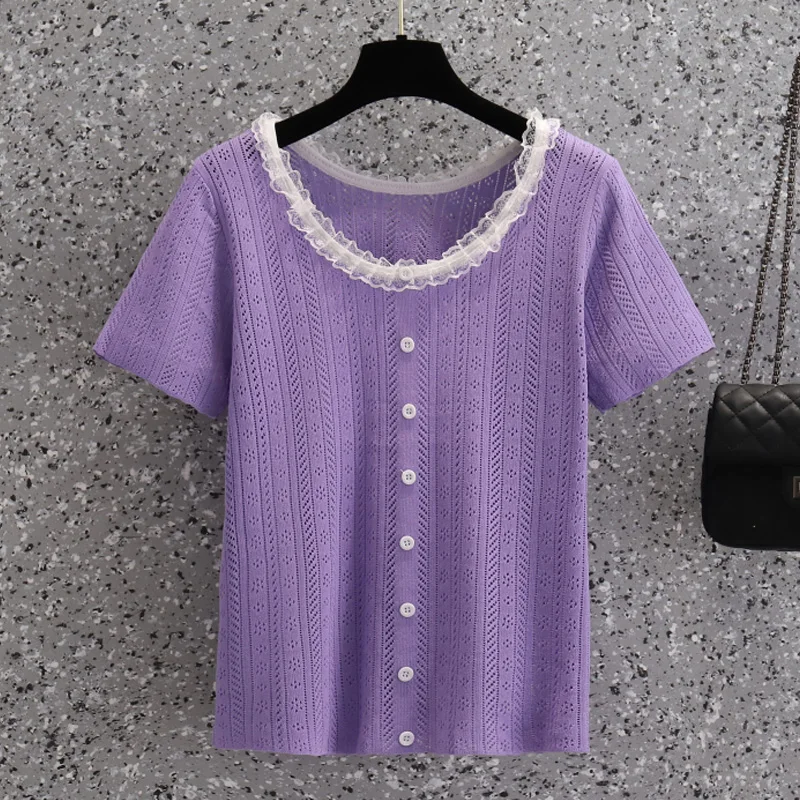 

4XL Women lace Sweater Summer O-Neck thin Tops Fashion Simple Female Knitted pullover All-match Short sleeve Jumper