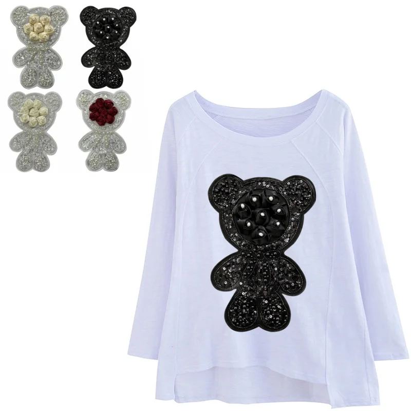 

2PCS Handmade 3D Rose Flower Beaded Parches Embroidery Patch Custom Animal Bear Sew On Sequined Rhinestone Patches For Clothing