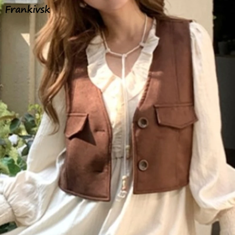 

Safari Style Vests Women V-neck Leisure Sleeveless Slim Cropped American Hipster Minimalist Advanced Solid Aesthetic Prevalent