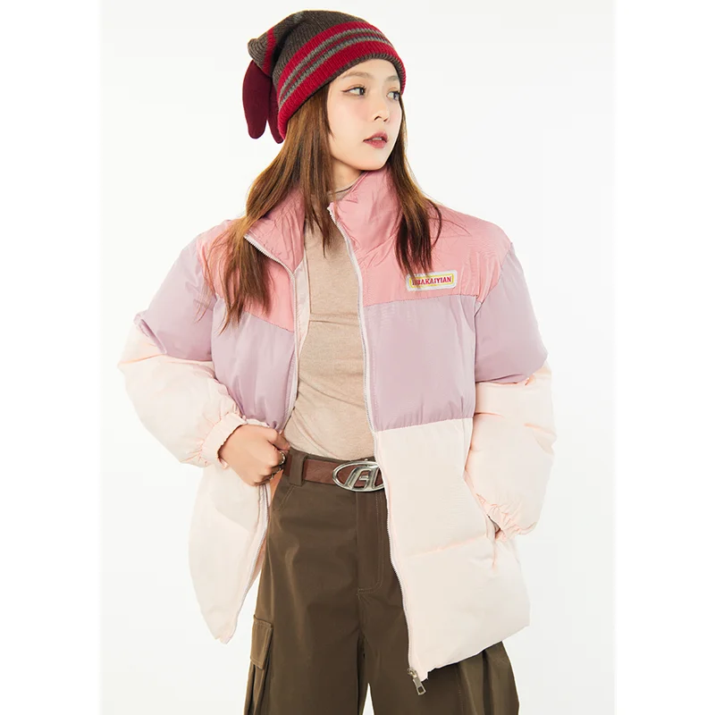 Women Pink Down Jacket Stand Collar Splicing Color Contrast Fashion Thicken Warm Feather Duck Down Female Puffer Winter Outwear