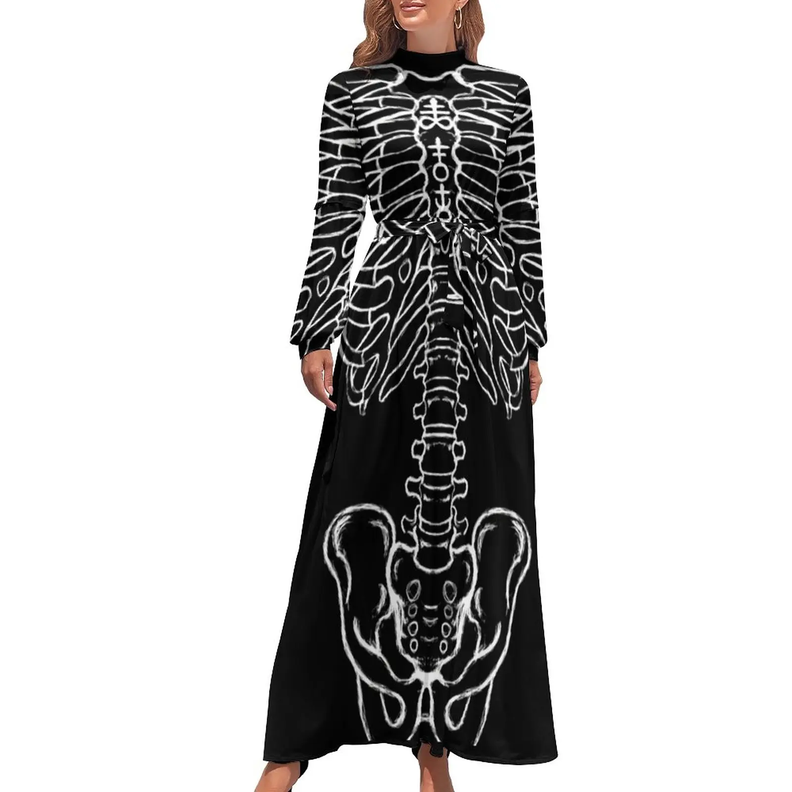 

Платье-макси с принтом скелета, длинным рукавом и высокой талией