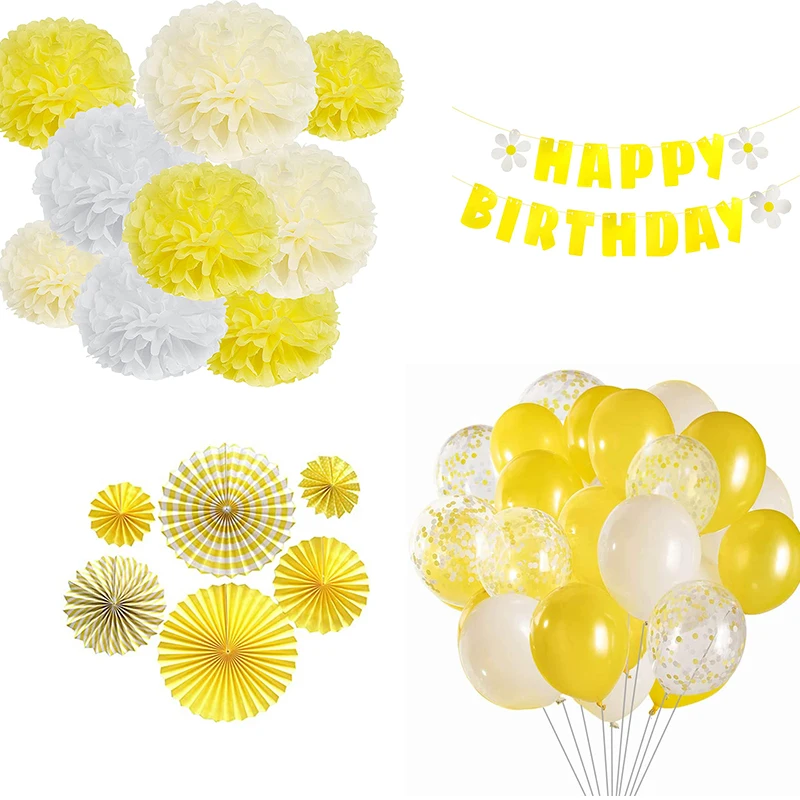 

Cute Yellow White Summer Bee Sunflower Themed Lemon Birthday Party Decor Happy Birthday Banner Paper Garlands Hanging Decoration