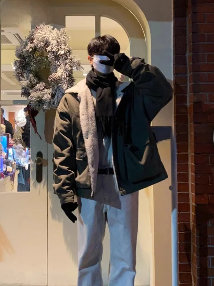 Winter Korean Series Wear Cotton-padded jacket Men's Army Green Lamb Plush Warm Cotton-Padded Coat Fashion Brand Pu Shu...