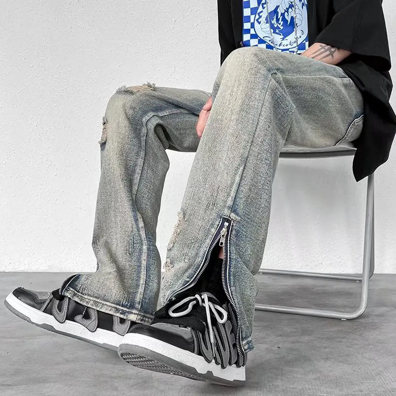 Men's Clothing Ripped Blue Jeans Zip-up Men's Jeans Hip Hop Streetwear Men's Jeans Aesthetic Y2k Men's Jeans Streetwear Men