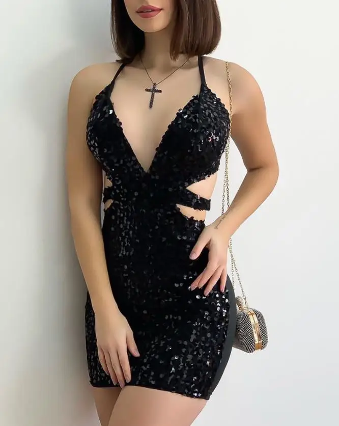 

Dresses For Women 2022 Autumn Plain Sexy Night Out Party Spaghetti Strap V-Neck Cutout Sequin Skinny Mini Dress