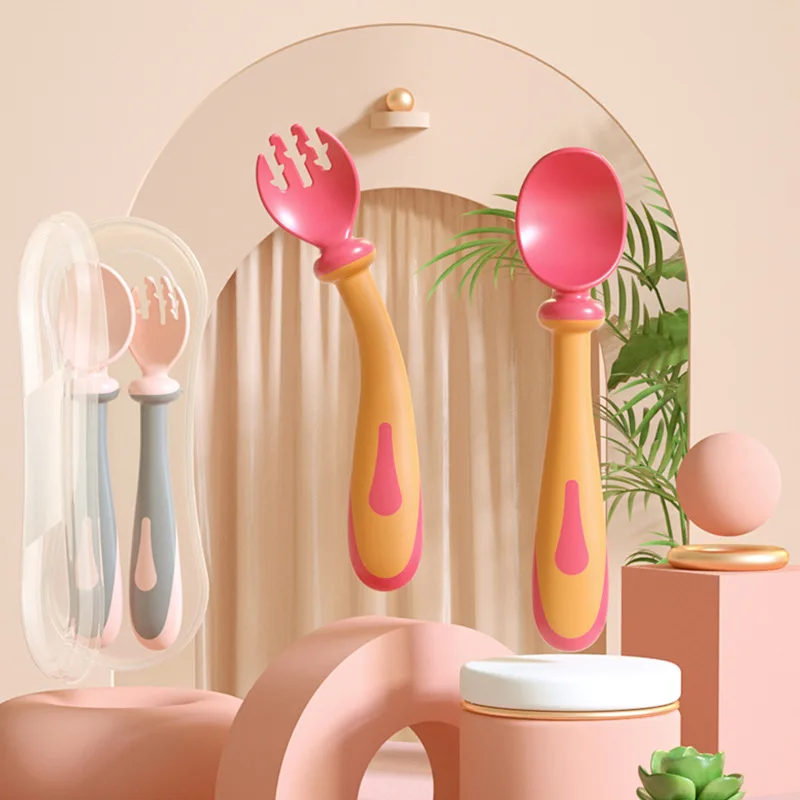 

2PCS Baby Twist Fork Spoon Children Training Spoon Fork Baby Feeding Supplies Infant Children Food Tableware with Storage Box