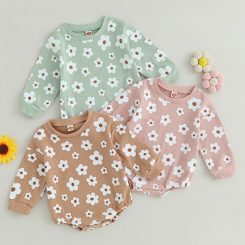 

2023 Spring Autumn Newborn Baby Girls Clothing Waffle Floral Print Long Sleeve Rompers Sweatshirts Jumpsuits Overalls Costume