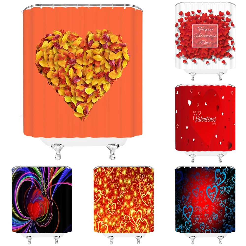

Valentine's Day Yellow Maple Leaves Love Heart Shower Curtain Bathroom Decor Wedding Couple Fabric Bath Curtains Bathtub Screen