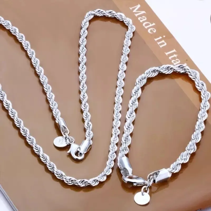 

High Quality 925 Sterling Silver 4MM Woman Men Chain Male Twisted Rope Necklace Bracelets Fashion Silver Jewelry Set