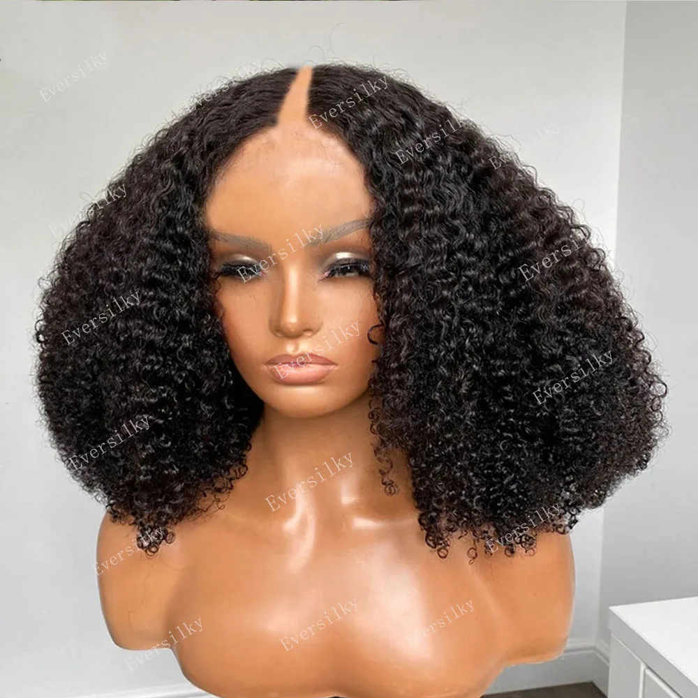 

Glueless Kinky Curly Middle V Part Wigs 100% Human Hair Peruvian Afro Curly 4b 4c U Shape Wig 250Density Full Machine Made