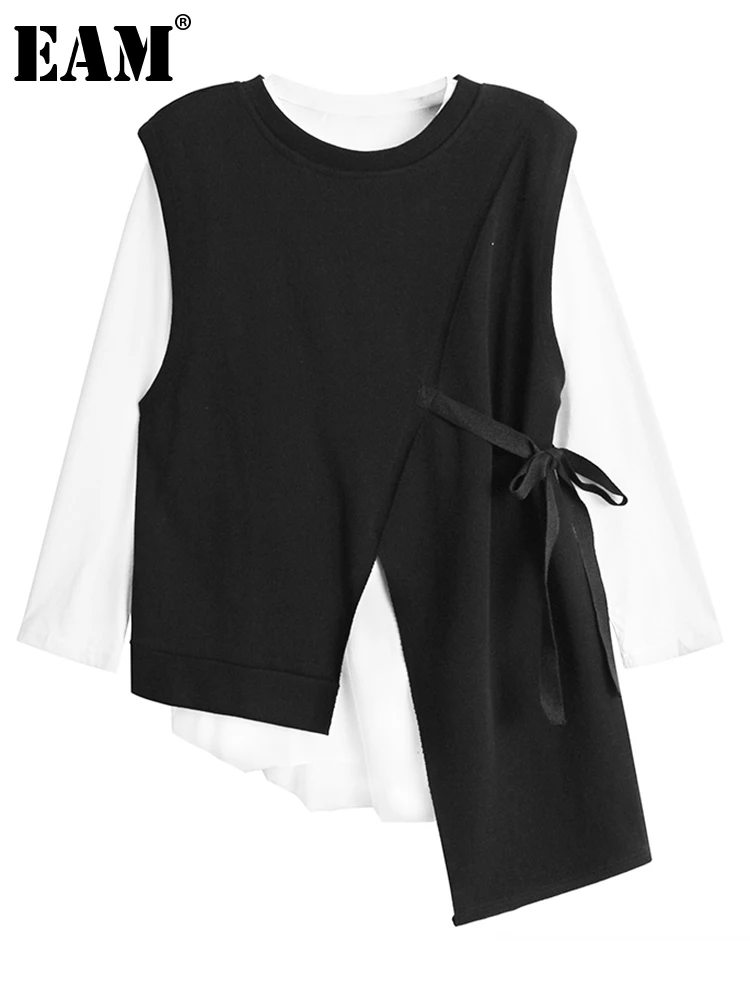 

[EAM] Women Black Irregular Big Size Bandage Casual T-shirt New Round Neck Long Sleeve Fashion Tide Spring Autumn 2022 1DE6022
