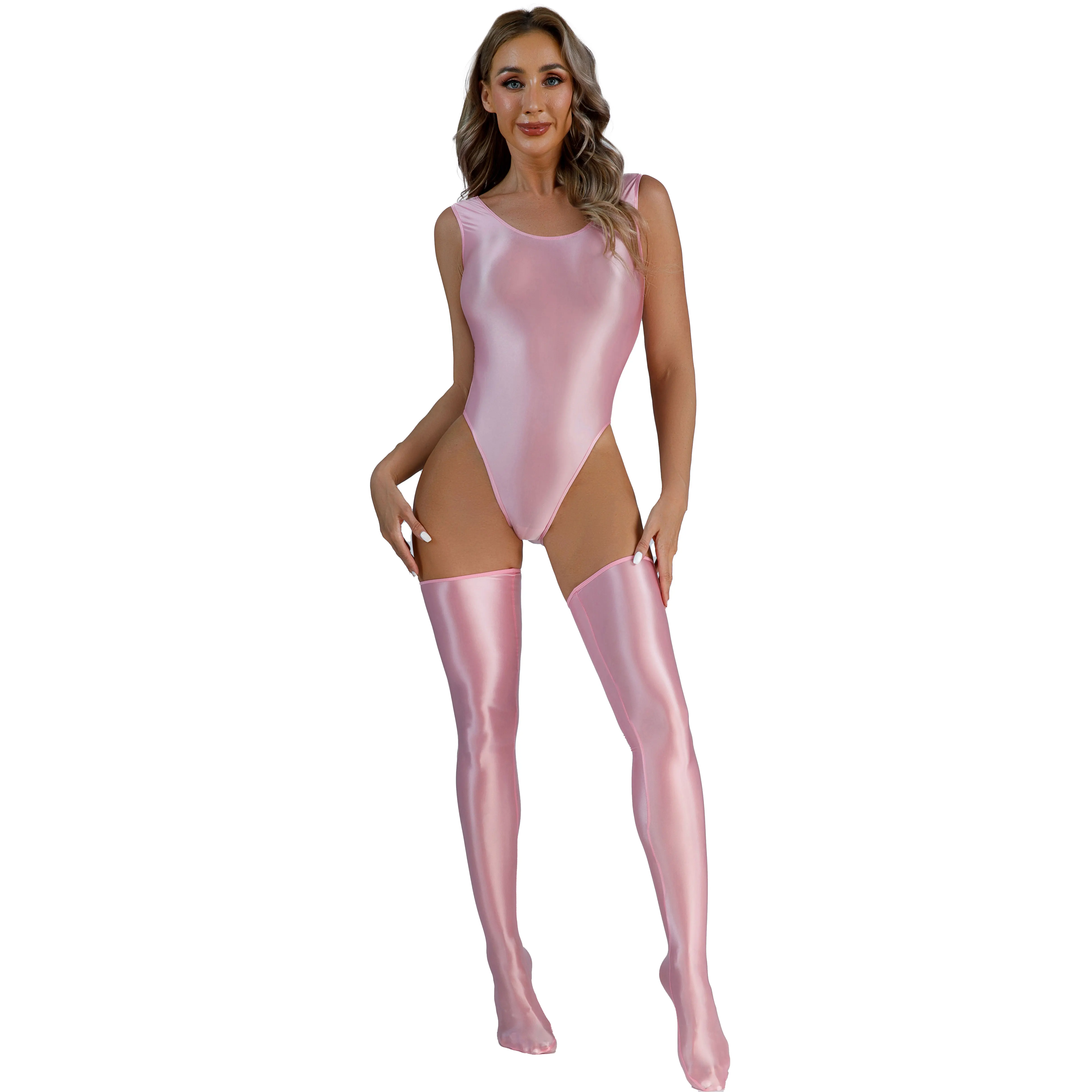 Women Glossy Swimsuit Swimwear Swimming Bodysuit Yoga Fitness Sport Jumpsuit Sleeveless Backless High Cut Leotard with Stockings