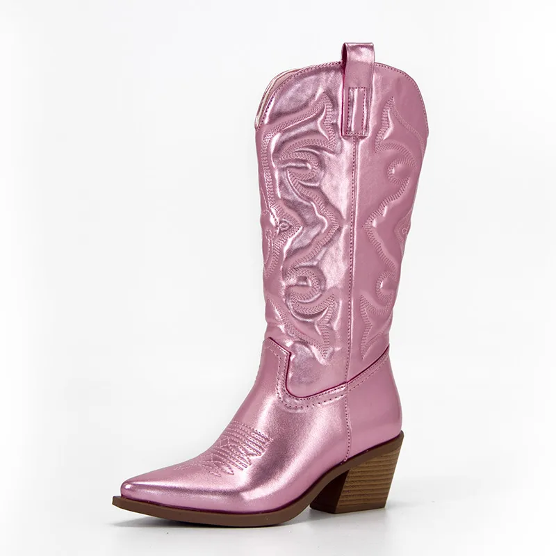 

Женские ковбойские сапоги, розовые ковбойские сапоги до середины икры, на молнии, с вышивкой, с острым носком, осень 2022