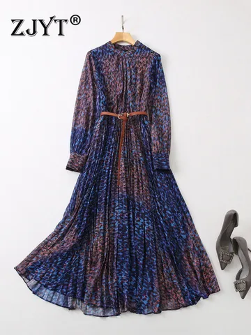 Женское длинное плиссированное платье ZJYT, модельное элегантное дизайнерское винтажное богемное праздничное платье с леопардовым принтом и длинным рукавом, весна 2024