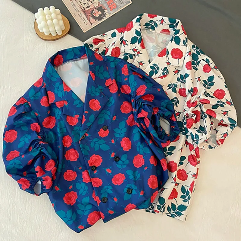 

Summer Vintage Floral Print Blouses Turn Down Collar Short Puff Sleeves Button Up Blusas High Street Shirts Friends Matching Top