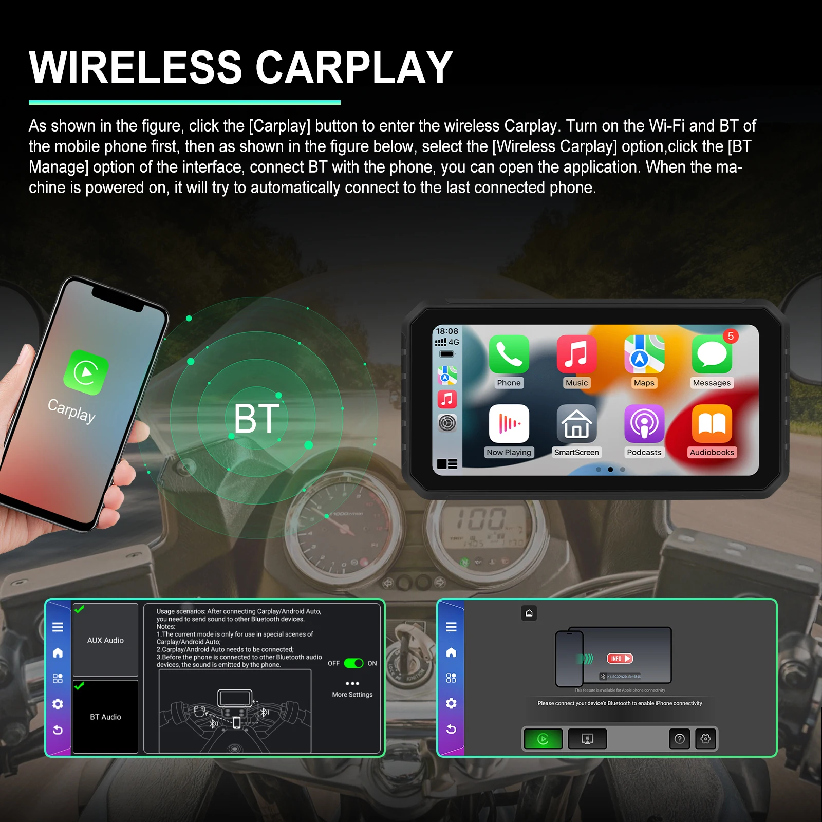 Podofo 2 + 32G Android 6 ''монитор мотоцикла Carplay Авто портативный смарт-плеер IP65