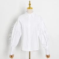 casual patchwork feather blouse for women lapel lantern sleeve white solid shirt female fashion new clothing 2021