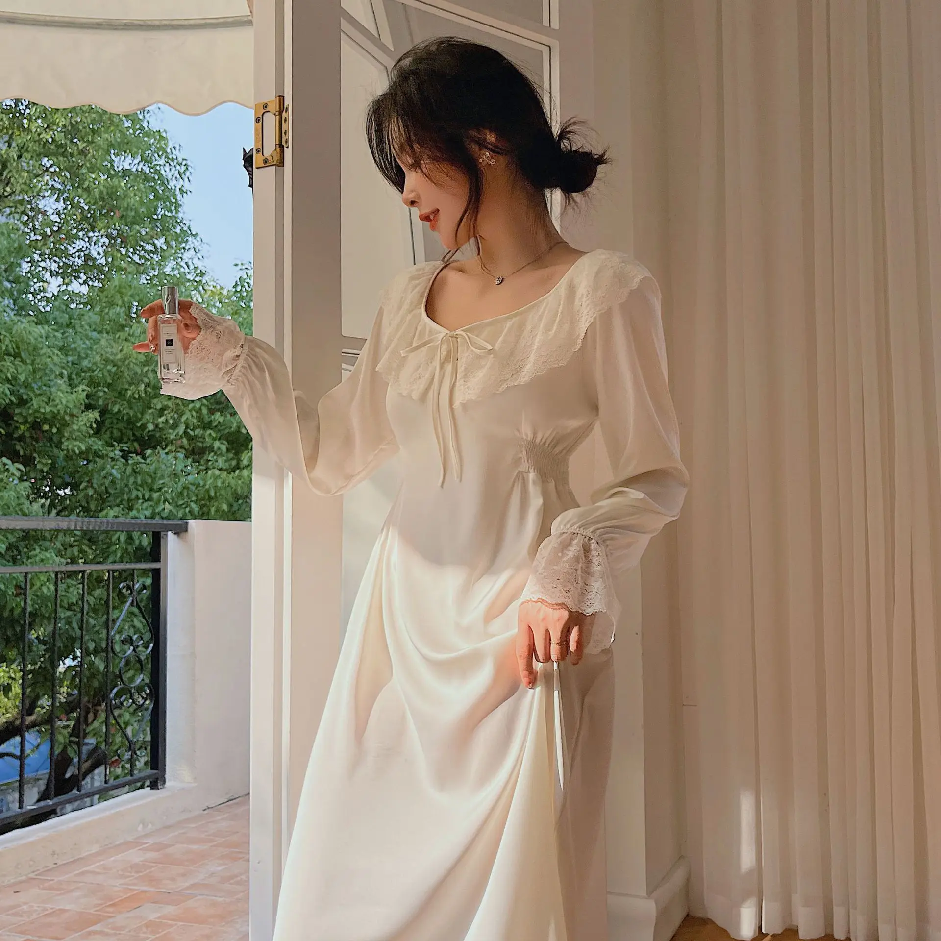 

Pajamas women's ice silk nightdress long retro spring and autumn lace sexy sweet long skirt home service