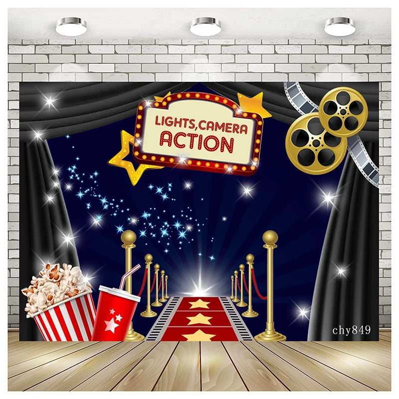 

Movie Theme Backdrop Cinema Lights Camera Film Popcorn Party Photography Backgrounds Decorations Photo Shoot