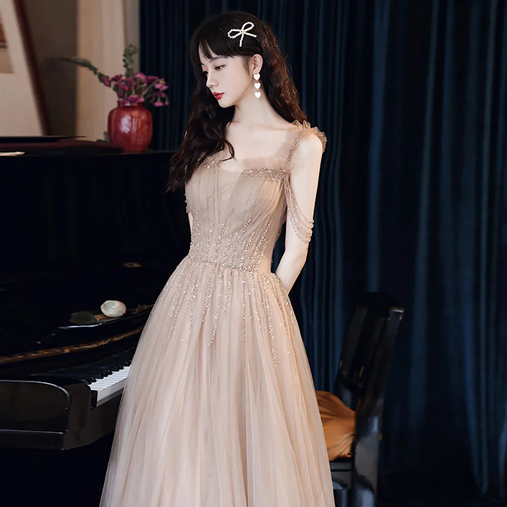 

Khaki Evening Dresses Sexy Spaghetti Strap High Waist Slim Formal Party Gowns Elegant Crystal Tassel Tulle Long Celebrity Dress