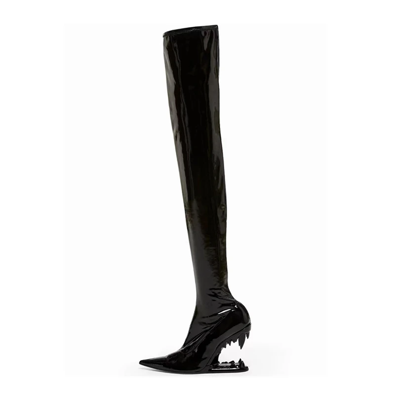Lacquer Leather Special-Shaped High Heel Giant Teeth Tiger Heels Pointed Over-The-Knee Boots Large Women's Shoes Fashion Boots