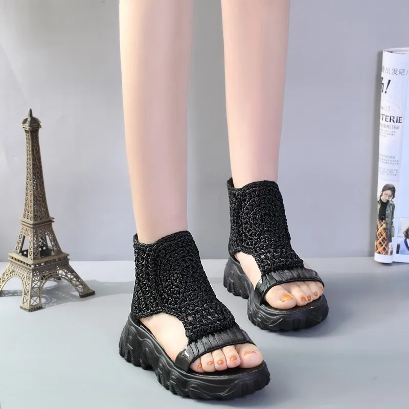 Sandals Women Braided Geometric Wedge Sandals Knitted Elastic Summer Shoes Mesh Flat Sandals Hollow Female Platform Shoes