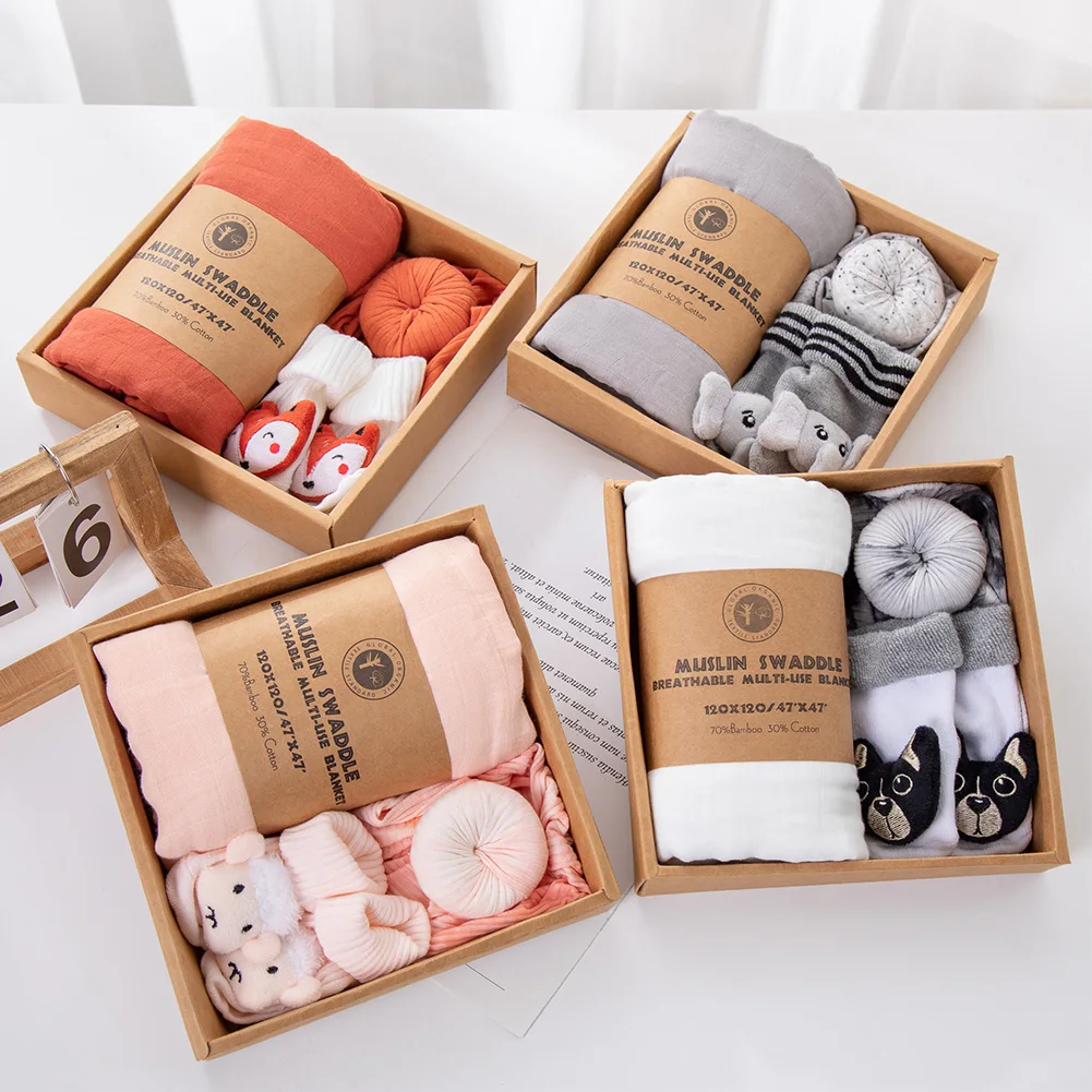 4Pcs/Box Baby Socks Turban Hats Solid 120cm*120cm Muslin Cotton Saddle Newborn Gifts Elephant Fox Sheep Legging Sock