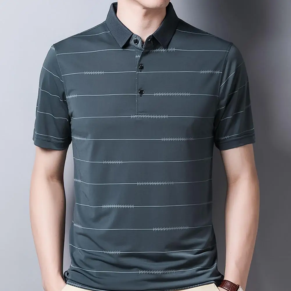 

T-shirt Striped Short Sleeve Men Turn Down Collar Shirt Top for Summer