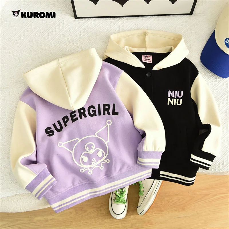 

Sanrio Kawali Kuromi Jacket Hooded Baseball Jersey Fall New Arrivals Comfortable Purple Black Cute Birthday Girls Gift For Kids