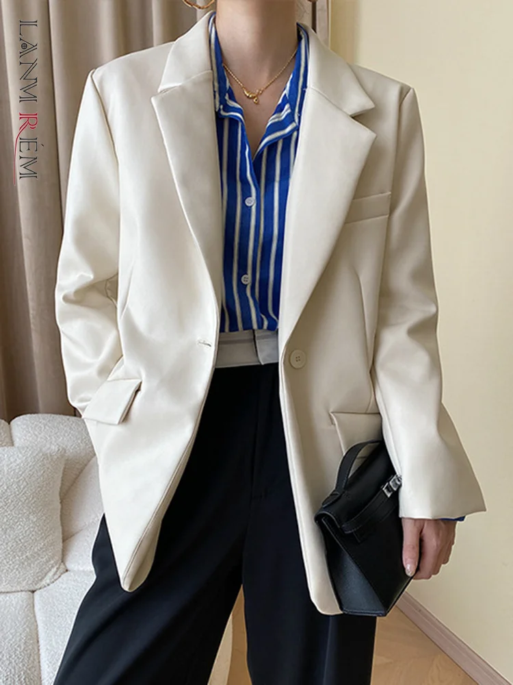 

LANMREM Leather Coat Women Fashion Notched Collar Single Button Solid Color Clothing Office Lady 2023 Autumn New 2AA1837